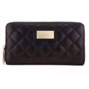 DKNY Gansevoort Quilted Nappa Leather Zip Around Wallet Black Gold NWT